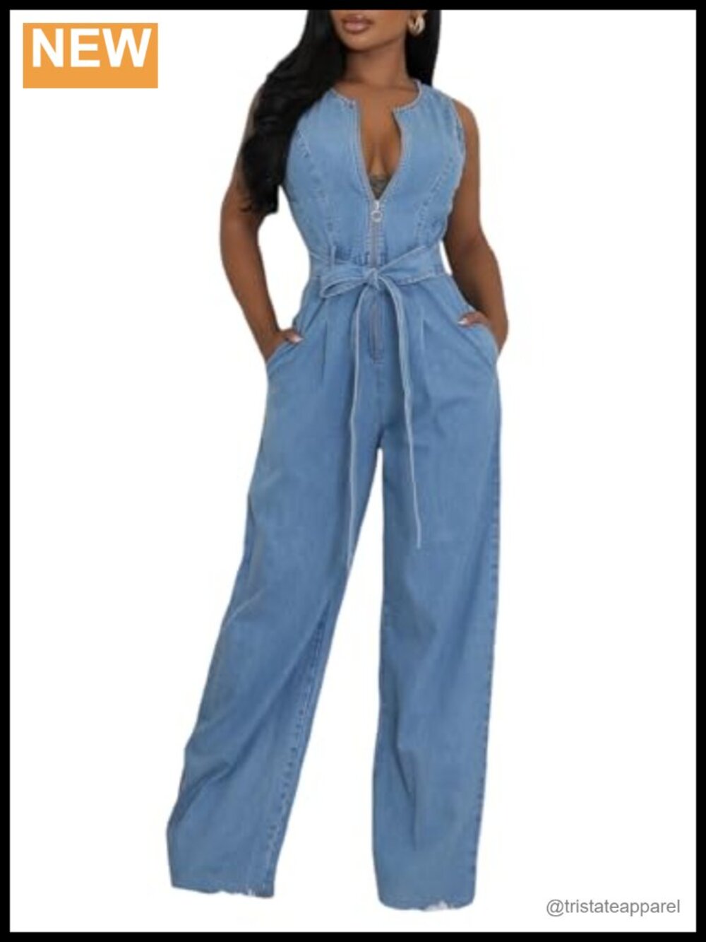 Sleeveless Denim Jumpsuit High Waisted Wide Leg Romper with Pockets